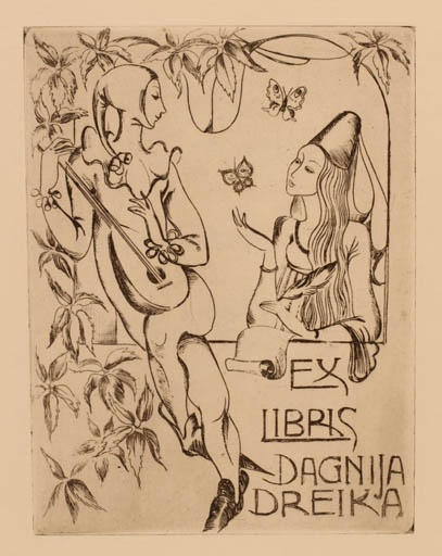 Exlibris by Jelena Antimonova from Latvia for Dagnija Dreika - Woman Music Butterfly 