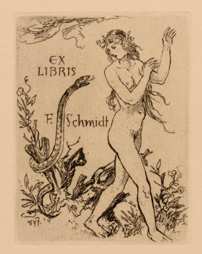 Exlibris by Jaroslav Vodrazka from Czechoslovakia for Frant Schmidt - Adam and Eve Woman Nude 