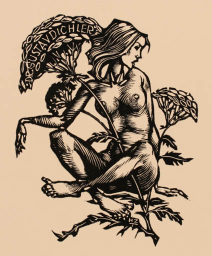 Exlibris by Hedwig Zum Tobel from Austria for Dr. Gustav Dichler - Woman Nude 