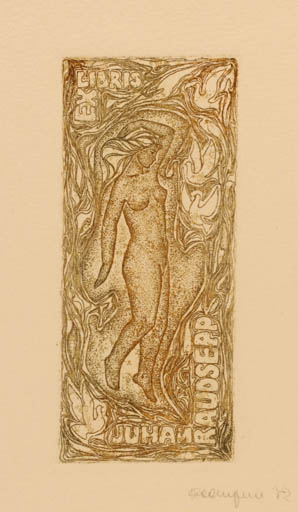 Exlibris by Imbi Ploompuu from Estonia for Juhan Raudsepp - Bird Woman Nude 