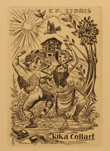 Exlibris by Julio Fernandez Saez from Spain for Rika Collart - Dancing Bird Couple Sun 