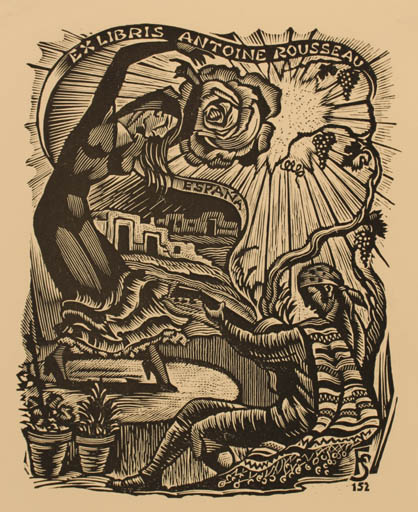 Exlibris by Julio Fernandez Saez from Spain for Antoine Rousseau - Flower Dancing Woman Music 