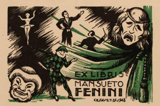 Exlibris by Charles Favet from France for Mansueto Fenini - Theater/Cirkus 