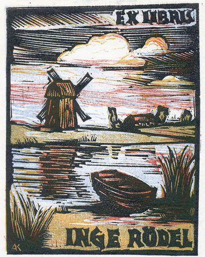 Exlibris by Kàroly Andrusko from Yugoslavia for Inge Rödel - Scenery/Landscape Mill Ship/Boat 