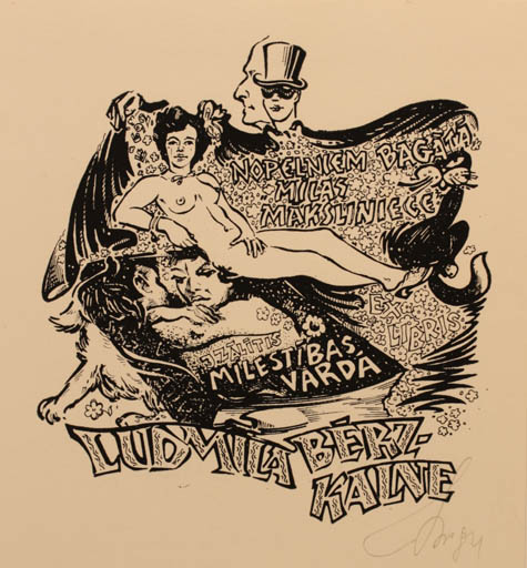 Exlibris by V. Resnis from Latvia for Ludmila Bérzkalne - Woman Nude 