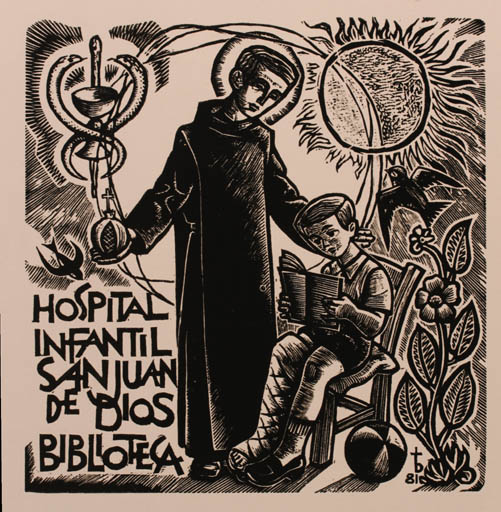 Exlibris by Oriol M. Divi from Spain for Hospital Infantil San Juan de Dios Biblioteca - Child Medicine Sun 