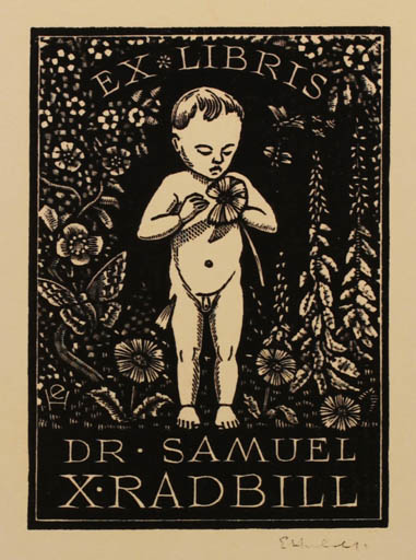 Exlibris by G Huber from France for Dr. Samuel X. Radbill - Child Flower Butterfly 