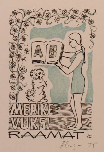 Exlibris by Heikki Lahi from Estonia for Merike Vuksi Raamat - Dog Woman 