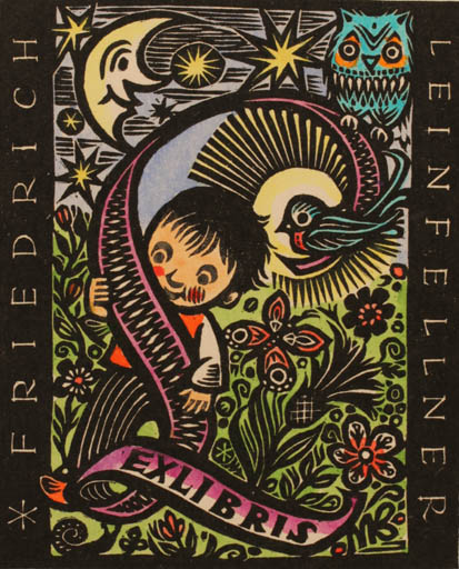 Exlibris by M. Bauer-Klimbacher from Germany for Friedrich Leinfellner - Child Flower Bird Butterfly Owl 