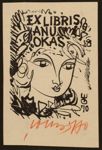 Exlibris by Evald Okas from Estonia for Janus Okas - Woman Portrait 