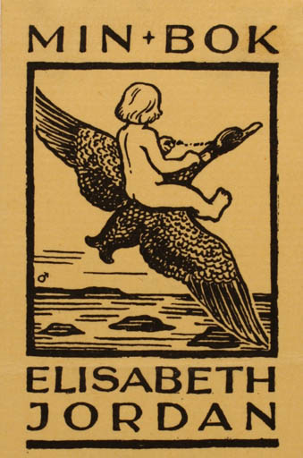 Exlibris by Albert Jaern from Norway for Elisabeth Jordan - Child Bird 