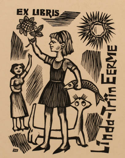 Exlibris by Johann ja Dagmar Naha from Germany for Linda-Triin Eerme - Child Fish Cat Woman Sun 