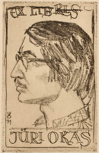 Exlibris by Evald Okas from Estonia for Jüri Okas - Man Portrait 