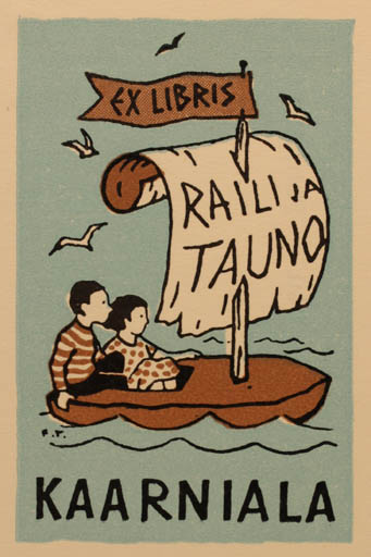 Exlibris by Erkki Tanttu from Finland for Raili ja Tauno Kaarniala - Child Ship/Boat 