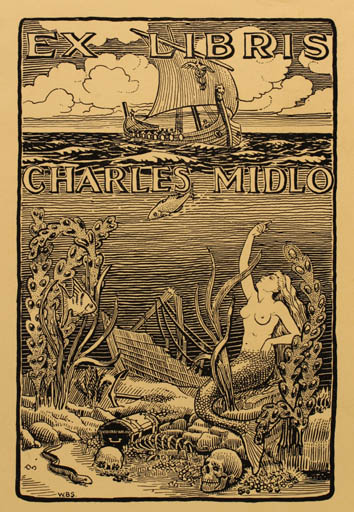 Exlibris by W. B. Stewart from USA for Charles Midlo - Mermaid Maritime Ship/Boat 