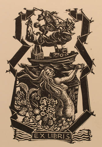 Exlibris by Gian Luigi Uboldi from Italy for ? ? - Mermaid Sct.G. and the Dragon Ship/Boat 