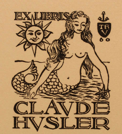 Exlibris by Theo Vetter from France for Claude Husler - Mermaid Sun 