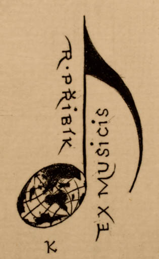 Exlibris by Ladislav J. Kaspar from Czech Republic for R. Pribik - Ex Mucika Globe Music 