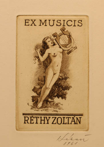 Exlibris by Laszlo Kekesi from Hungary for Zoltan Rethy - Ex Mucika Woman Music Nude 