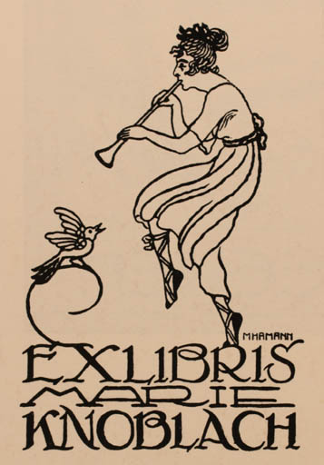 Exlibris by Maria Louise Hamann from Germany for Marie Knoblach - Bird Jugend Woman Music 