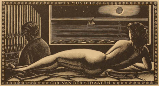 Exlibris by Italo Zetti from Italy for Chr. van der Straaten - Woman Music Nude 