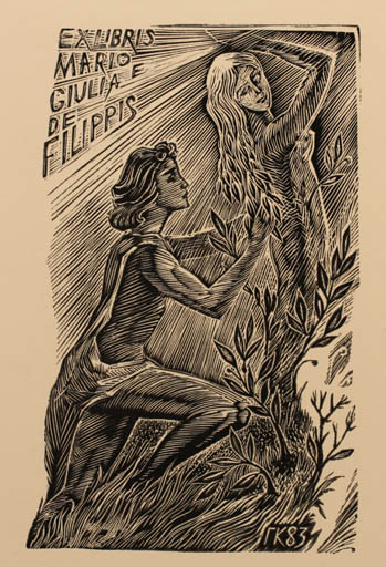 Exlibris by Juri A. Kulikow from Russia for Mario de Filippis - Flora Mythology Nude Couple 