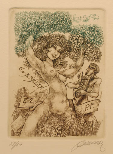 Exlibris by Hedvig Pauwels from Belgium for Erika & Andreas Selle - Music Mythology Nude Couple Tree 