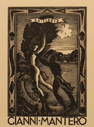 Exlibris by Italo Zetti from Italy for Gianni Mantero - Scenery/Landscape Mythology Nude Couple Tree 