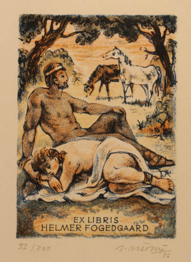 Exlibris by Bohumil Kratky from Czech Republic for Helmer Fogedgaard - Horse Mythology Couple 