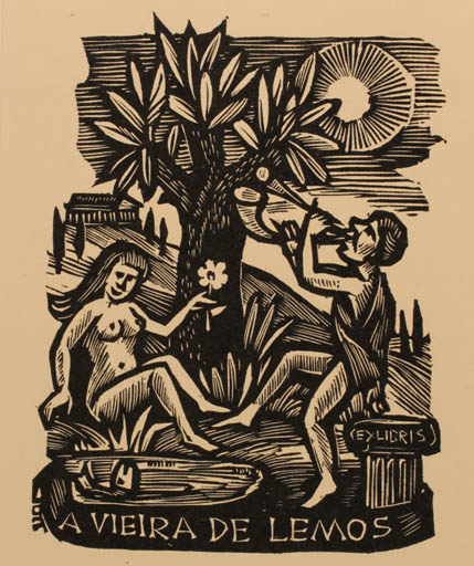 Exlibris by Herbert S. Ott from Germany for Antero Viera De Lemos - Mythology Couple Sun Tree 