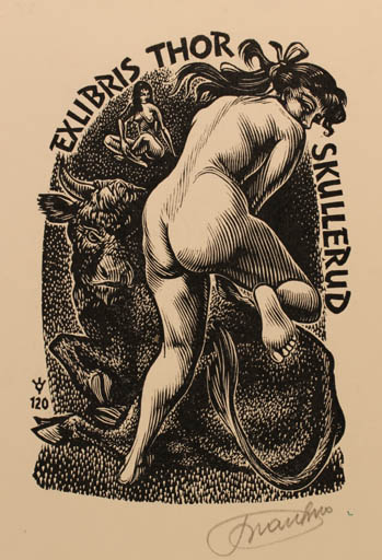 Exlibris by Frank-Ivo van Damme from Belgium for Thor Skullerud - Europa and the Bull Fauna Woman Mythology Nude 