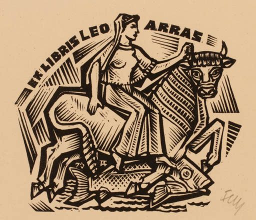 Exlibris by Antal Fery from Hungary for Leo Arras - Europa and the Bull Fauna Fish Woman Mythology 