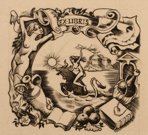 Exlibris by Michel Jamar from France for ? ? - Europa and the Bull Mythology Sun 