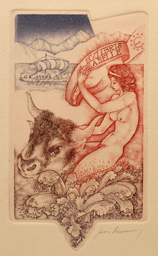 Exlibris by Joris Mommen from Belgium for Andreas Selle - Europa and the Bull Mythology 