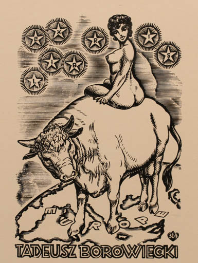 Exlibris by Arpad Daniel Nagy from Hungary for Tadeusz Borowieck - Europa and the Bull Mythology 