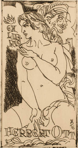 Exlibris by Evald Okas from Estonia for Herbert S. Ott - Woman Nude 