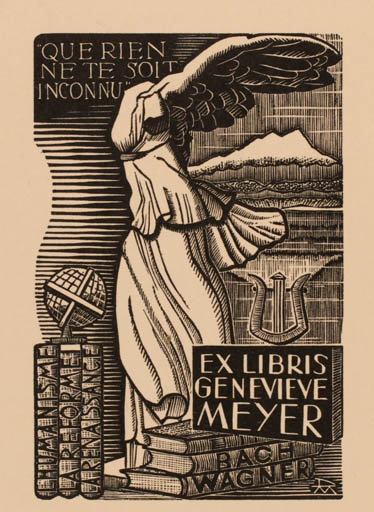 Exlibris by Daniel Meyer from France for Genevieve Meyer - Book Globe Mythology 