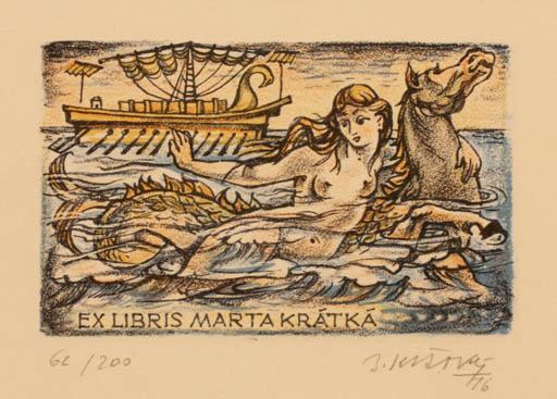 Exlibris by Bohumil Kratky from Czech Republic for Marta Krátká - Fable Animal Maritime Mythology Ship/Boat 