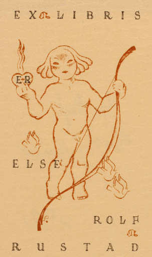 Exlibris by Henry Schjærven from Norway for Else og Rolf Rustad - Child Mythology Weapon 