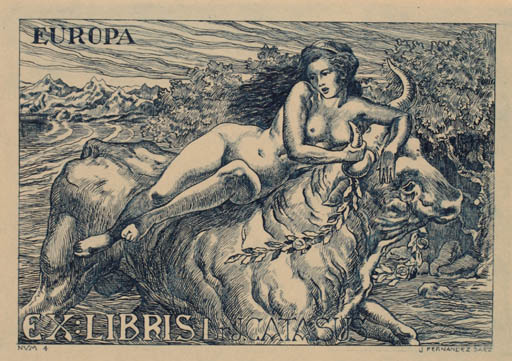 Exlibris by Julio Fernandez Saez from Spain for Dr. Joan Catasús - Europa and the Bull Mythology 