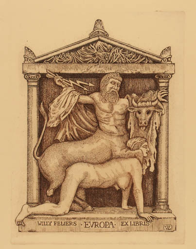 Exlibris by Zoltan Vén from Hungary for Willy Feliers - Europa and the Bull 