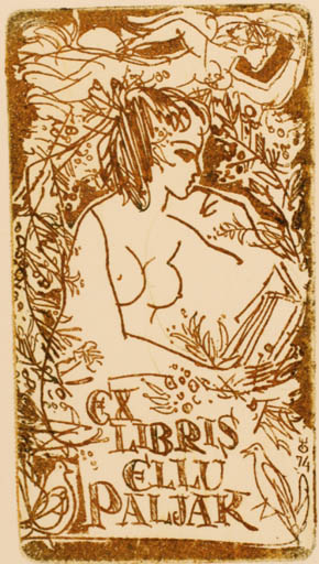 Exlibris by Evald Okas from Estonia for Ellu Paljak - Book Angel Woman Nude 