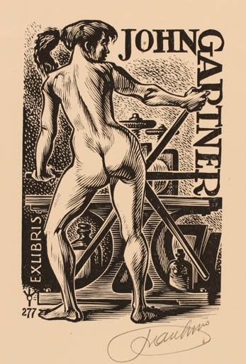 Exlibris by Frank-Ivo van Damme from Belgium for John Gartner - Woman Nude Printing technique 