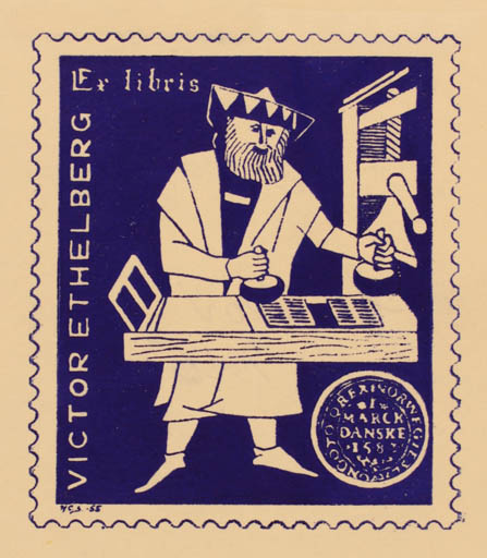 Exlibris by Henry Carlo Skov from Denmark for Victor Ethelberg - Working Man Printing technique 