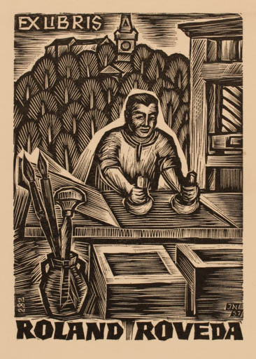 Exlibris by Johann Noha from Germany for Roland Roveda - Working Man Printing technique 