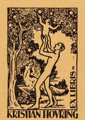 Exlibris by Albert Jaern from Norway for Kristian Hovring - Child Dog Man Tree 