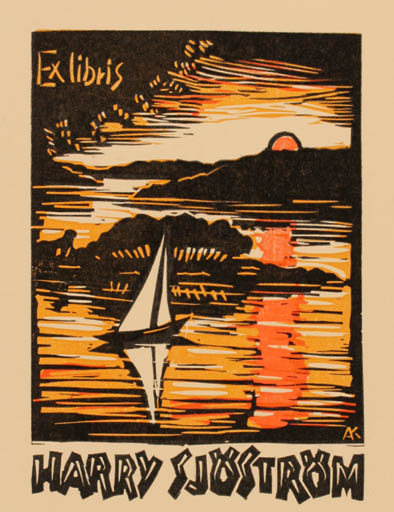 Exlibris by Kàroly Andrusko from Yugoslavia for Harry Sjöström - Scenery/Landscape Maritime Ship/Boat Sun 