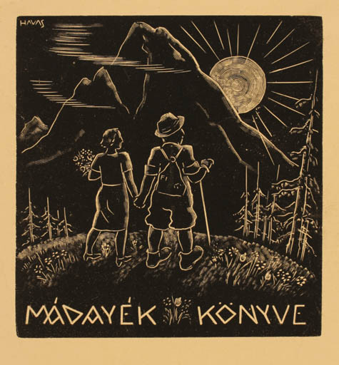Exlibris by Laszlo Havas from Hungary for ? Mádayék - Mountain Scenery/Landscape Couple Sun 