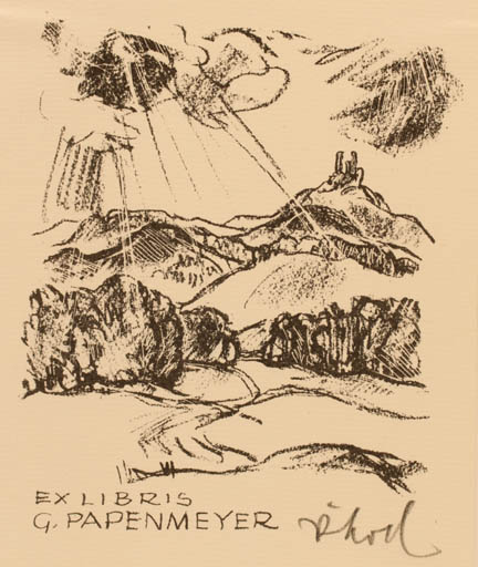 Exlibris by Rudolf Koch from Germany for G. Papenmeyer - Mountain Scenery/Landscape 