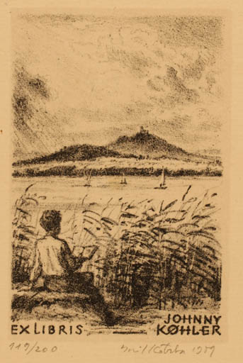 Exlibris by Emil Kotrba from Czechoslovakia for Køhler Johnny - Mountain Scenery/Landscape Ship/Boat 